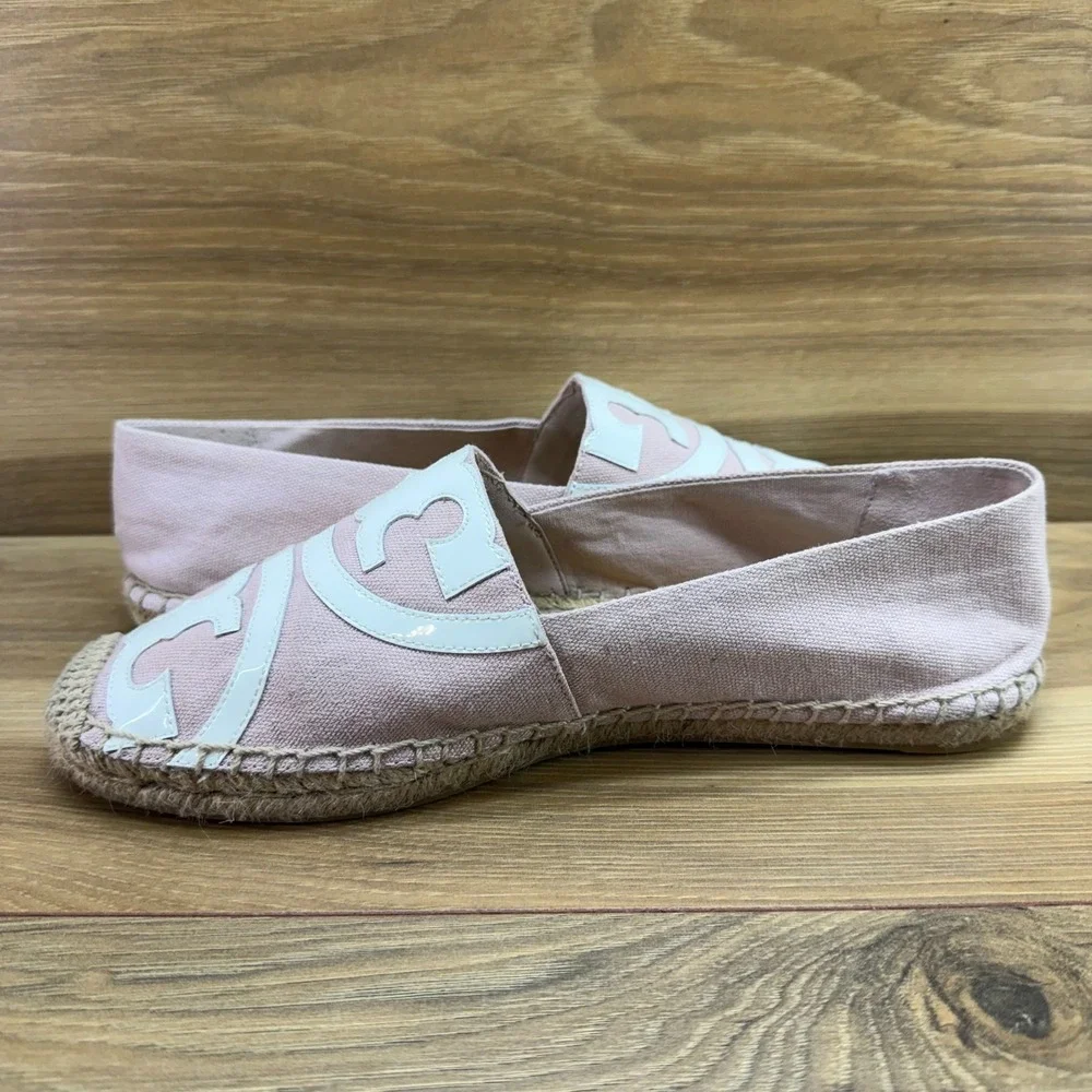 Tory Burch Espadrilles Pink White Flat 9 M Slip On Loafer Vacation Resort Summer